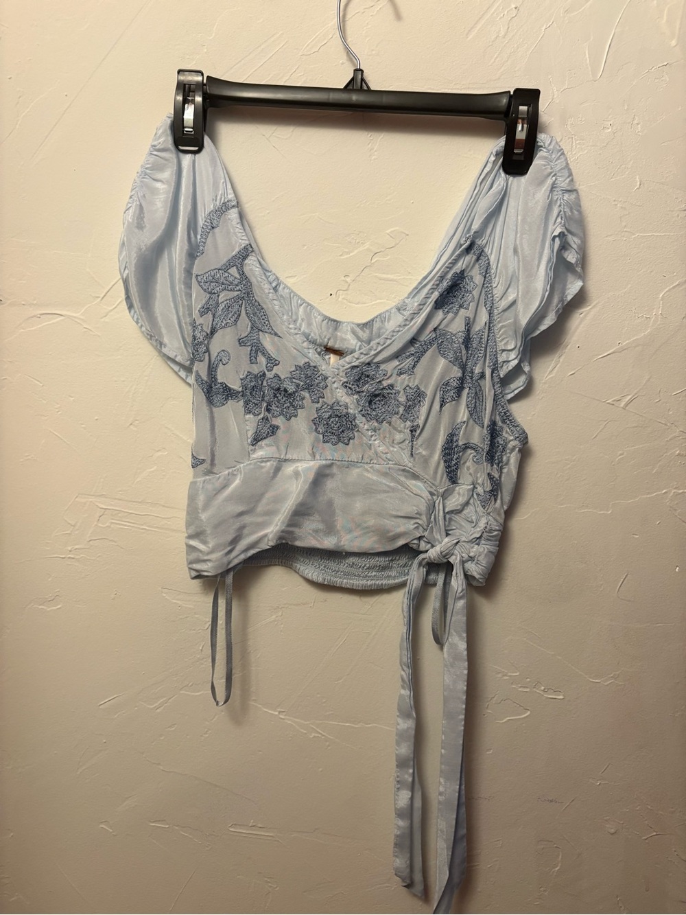 Free People Pale Blue Embroidered Wrap Crop Top